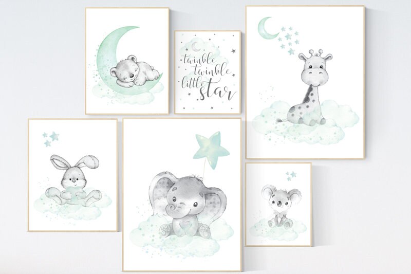 Animal nursery wall art, Nursery decor gender neutral , elephant, bunny, bear, giraffe, koala, baby room print, mint nursery, animal prints