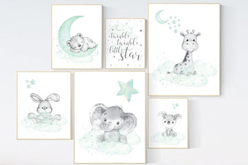 Animal nursery wall art, Nursery decor gender neutral , elephant, bunny, bear, giraffe, koala, baby room print, mint nursery, animal prints
