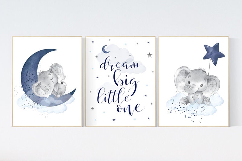 Navy nursery decor, moon and stars, navy blue nursery art. baby room wall art, boy nursery decor, set of 3, nursery prints boy, elephant art