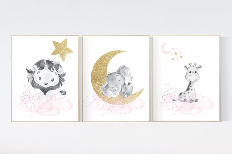 Nursery wall art lion, pink gold nursery decor, elephant, giraffe, animal prints, girl nursery ideas, nursery prints girl, cloud, moon stars