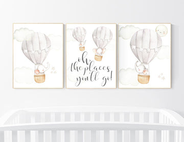 Nursery decor neutral, hot air balloon, elephant nursery, gender neutral, baby room decor, elephant nursery wall art, hot air balloons