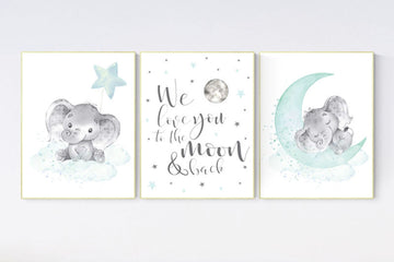Elephant nursery art, elephant nursery print, teal nursery decor, we love you to the moon and back, gender neutral, teal, moon and stars