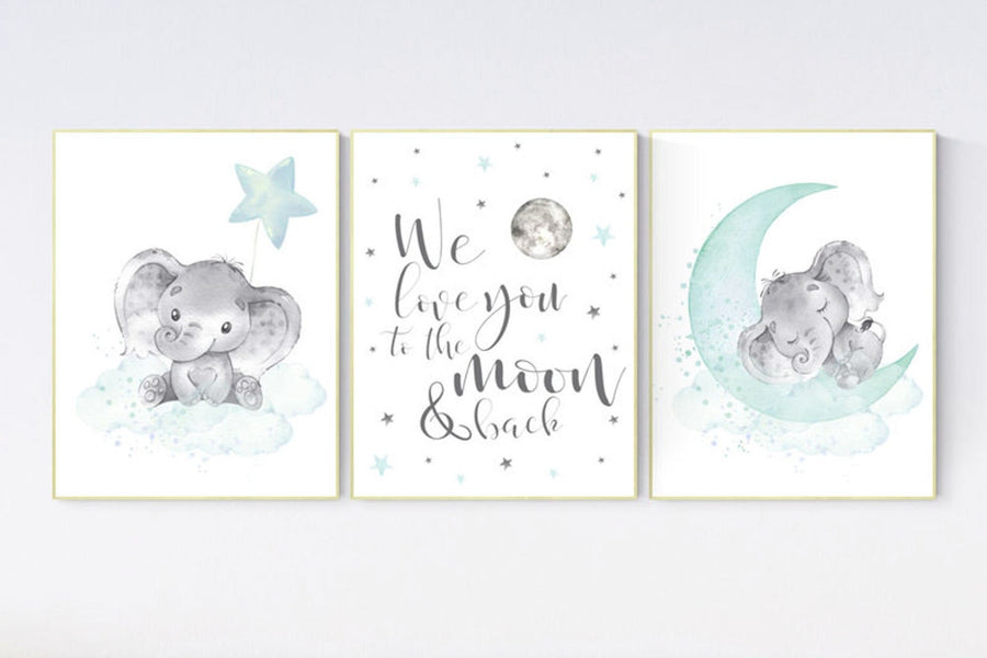 Elephant nursery art, elephant nursery print, teal nursery decor, we love you to the moon and back, gender neutral, teal, moon and stars