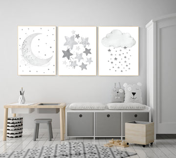 Nursery wall art grey, gray nursery, nursery decor neutral, baby room decor gender neutral, moon and stars, grey nursery decor baby room art