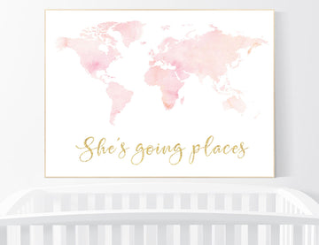 Blush pink watercolor world map, Nursery baby girl room, nursery wall art map, blush nursery, nursery decor girl map print, girl room decor