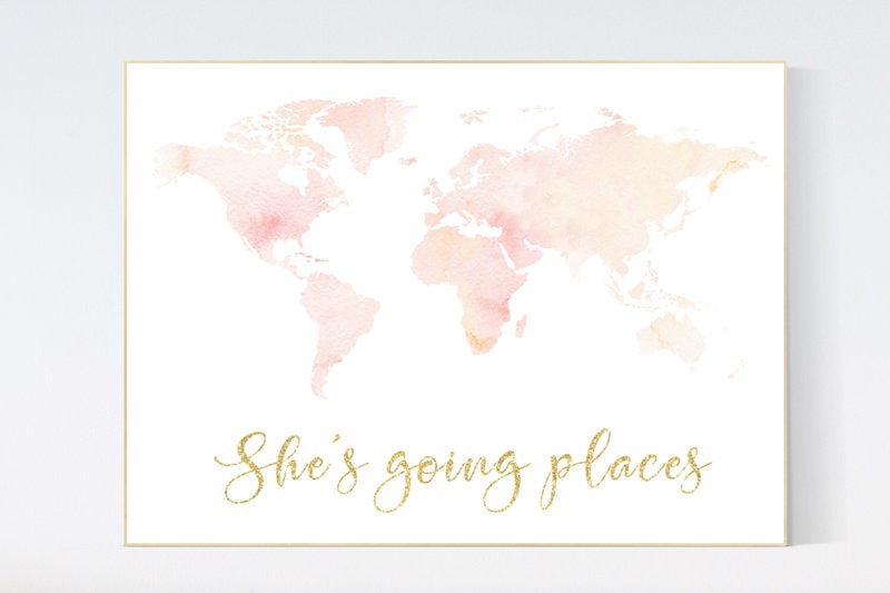 Blush nursery, watercolor world map, light coral, light peach, Nursery baby girl room, nursery wall art map, map print, girl room decor