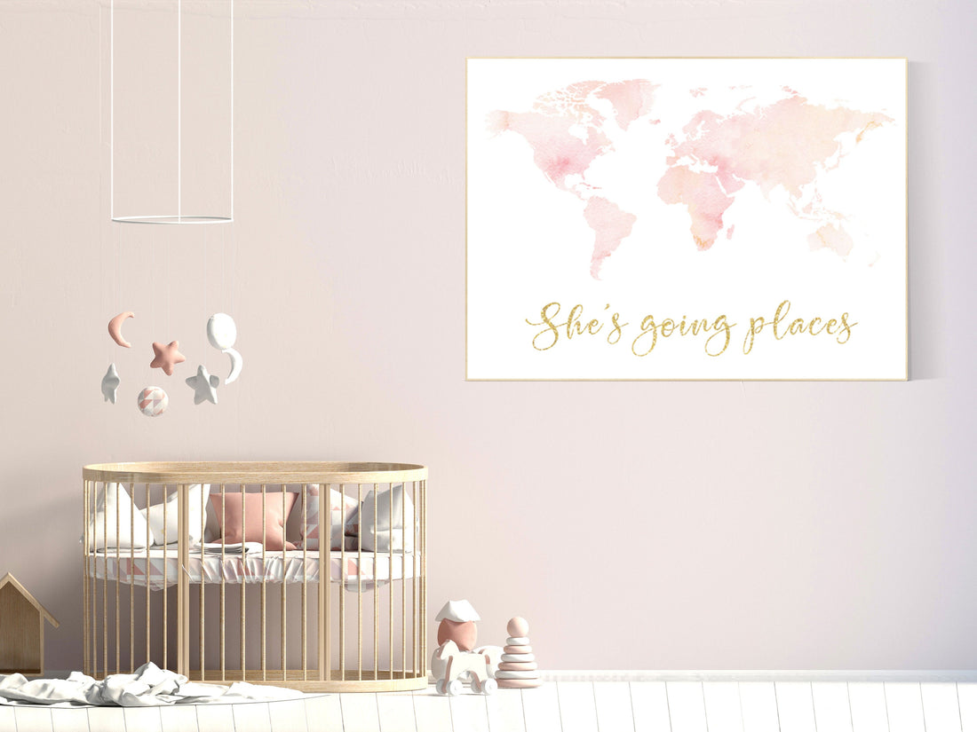 Blush nursery, watercolor world map, light coral, light peach, Nursery baby girl room, nursery wall art map, map print, girl room decor