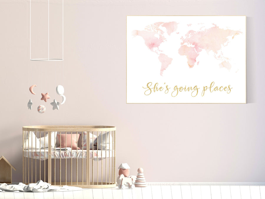 Blush nursery, watercolor world map, light coral, light peach, Nursery baby girl room, nursery wall art map, map print, girl room decor