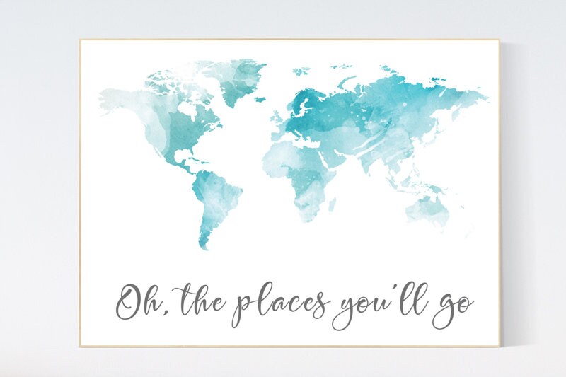Aqua nursery decor, blue nursery, World Map wall art, watercolor world map nursery, world map wall art, aqua nursery decor, world map print