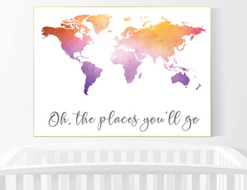 Watercolor World Map purple orange, nursery wall art, nursery Prints, girl nursery, orange and purple, watercolor world map, kids room decor