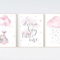 Nursery decor girl, elephant nursery wall art, nursery prints elephant, pink gray, nursery prints elephants, dream big little one