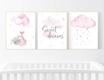 Nursery decor sweet dreams, Nursery decor girl elephant, baby room decor girl, nursery wall art elephant, pink gray, nursery prints elephant