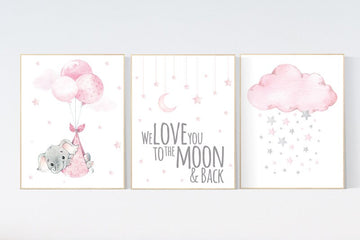 Nursery wall art girl, nursery prints elephant, pink gray, we love you to the moon and back, baby girl nursery, girl nursery ideas, moon
