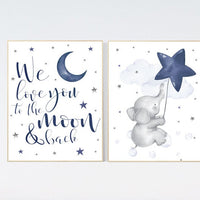 Nursery decor boy elephant, nursery wall art elephant, baby room decor boy, moon and stars, we love you to the moon and back, navy blue