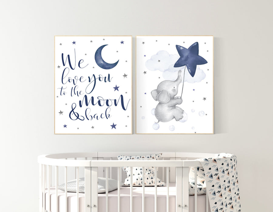 Nursery decor boy elephant, nursery wall art elephant, baby room decor boy, moon and stars, we love you to the moon and back, navy blue