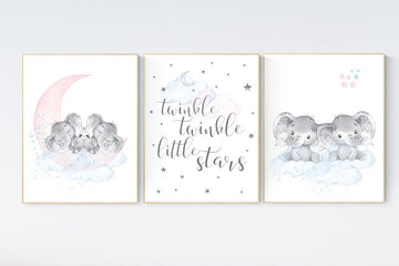 Nursery decor twins, Twin nursery, elephant nursery, moon and stars, twinkle twinkle little ones, twins room decor, blue pink, boy, girl