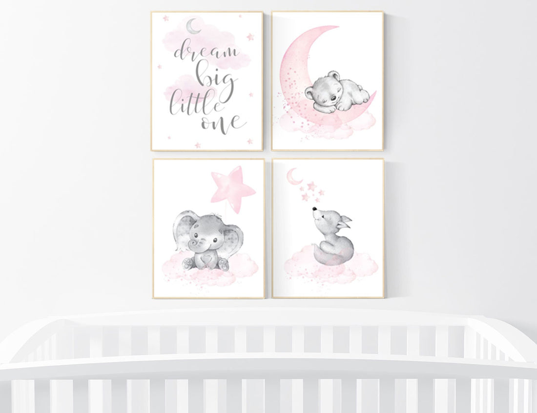 Nursery decor girl, elephant, bear, fox, animal nursery,, moon, star, bear nursery, pink gray, woodland animals, dream big little one, girl