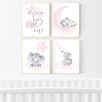 Nursery decor girl, elephant, bear, fox, animal nursery,, moon, star, bear nursery, pink gray, woodland animals, dream big little one, girl