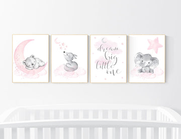 Nursery decor girl animals, elephant, bear, fox, animal nursery, bear nursery, pink gray, woodland animals, dream big little one, girl