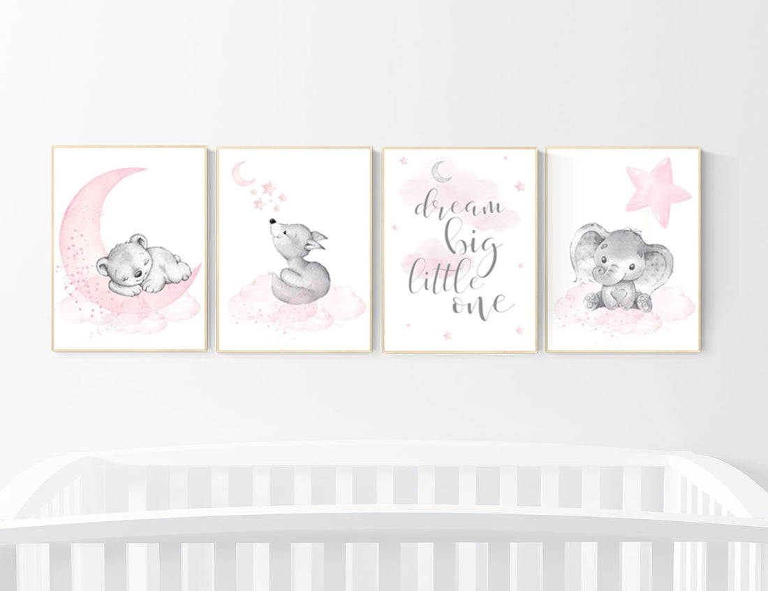 Nursery decor girl, elephant, bear, fox, animal nursery,, moon, star, bear nursery, pink gray, woodland animals, dream big little one, girl