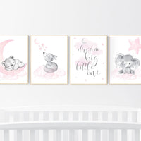 Nursery decor girl, elephant, bear, fox, animal nursery,, moon, star, bear nursery, pink gray, woodland animals, dream big little one, girl