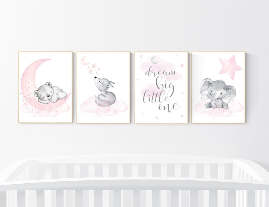 Nursery decor girl, elephant, bear, fox, animal nursery,, moon, star, bear nursery, pink gray, woodland animals, dream big little one, girl