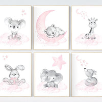 Nursery decor girl animals, pink grey, nursery decor girl woodland animals, teddy bear, elephant, giraffe, baby girl nursery prints