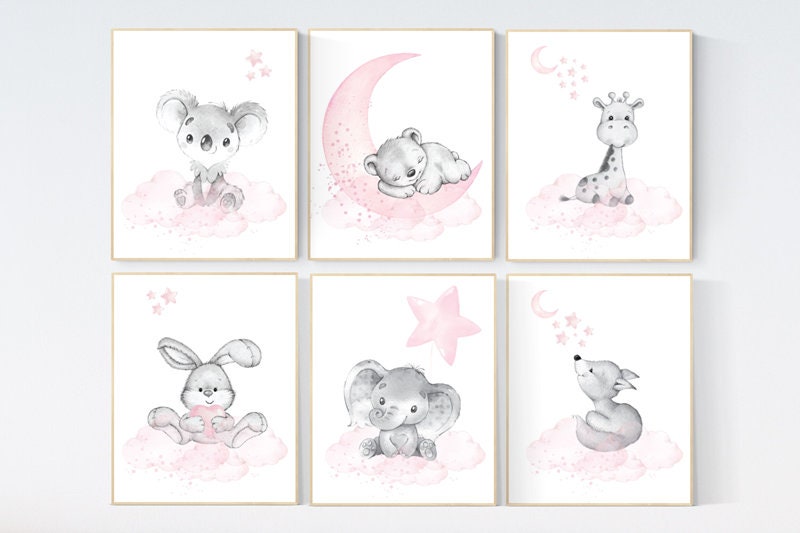 Nursery decor girl animals, pink grey, nursery decor girl woodland animals, teddy bear, elephant, giraffe, baby girl nursery prints