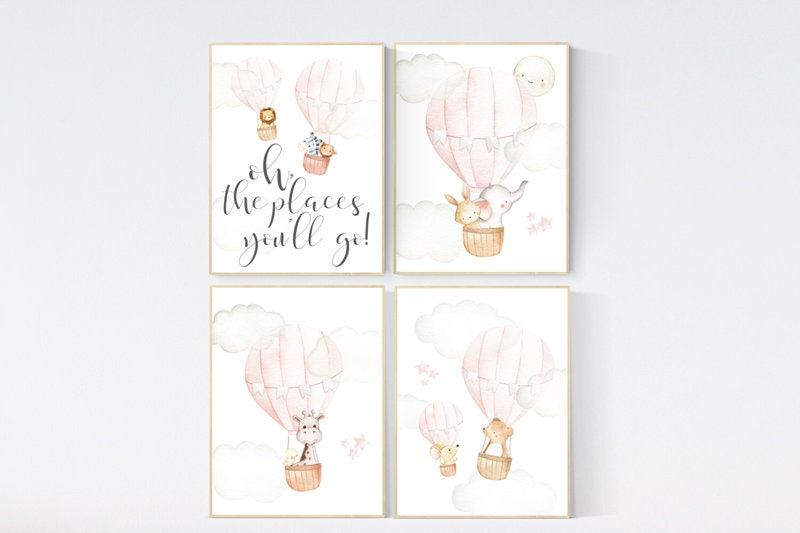 Blush nursery wall art, Nursery decor girl, hot air balloon nursery, blush pink nursery, nursery decor woodland animals, hot air balloon