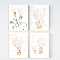 Blush nursery wall art, Nursery decor girl, hot air balloon nursery, blush pink nursery, nursery decor woodland animals, hot air balloon