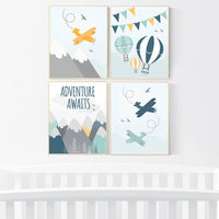 nursery decor boy mountain, adventure awaits, nursery prints neutral, hot air balloon, mountain wall art nursery, gender neutral, planes