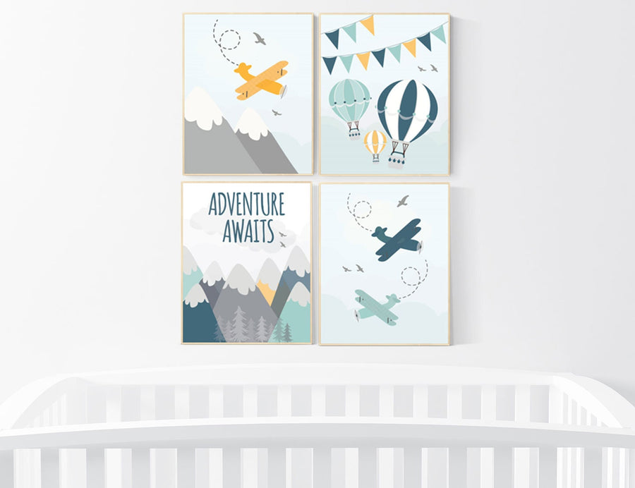 nursery decor boy mountain, adventure awaits, nursery prints neutral, hot air balloon, mountain wall art nursery, gender neutral, planes