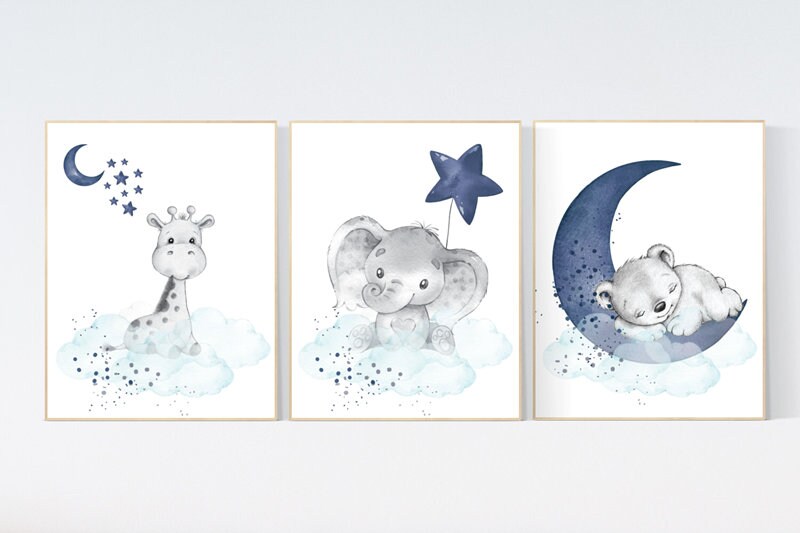 Nursery decor elephant and giraffe, animal nursery prints, navy nursery, navy teal nursery, baby room wall art, woodland animal prints