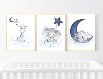 Nursery decor elephant and giraffe, animal nursery prints, navy nursery, navy blue nursery, baby room wall art, woodland animal prints