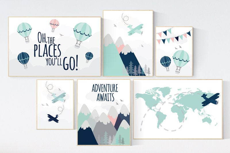 Adventure awaits nursery, Mountain art print set, navy mint coral, Adventure nursery, mountain, airplane, world map, hot air balloon