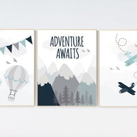 Adventure nursery decor, travel adventure nursery, nursery wall art boy, nursery prints boy mountain, airplane, world map, adventure awaits