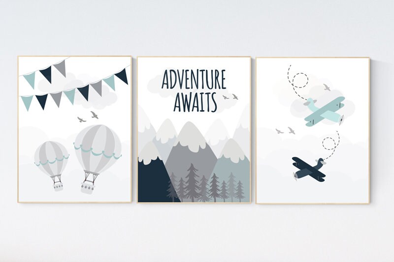 Adventure nursery decor, travel adventure nursery, nursery wall art boy, nursery prints boy mountain, airplane, world map, adventure awaits