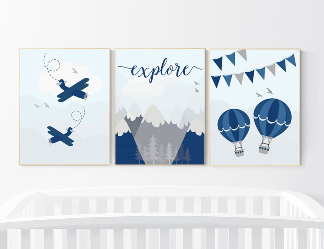 Adventure nursery decor, nursery decor boy adventure, nursery decor boy airplane, world map nursery, explore, mountain nursery, navy blue