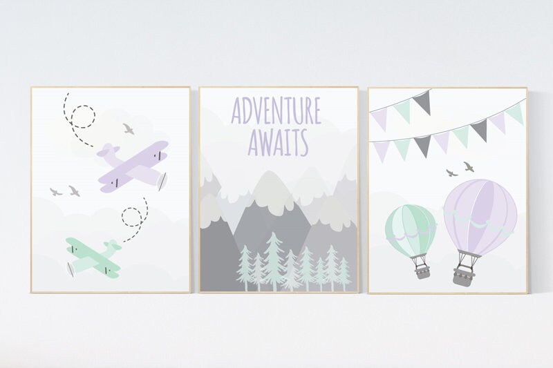 Nursery decor girl mountain, purple, adventure nursery, nursery decor travel theme, world map mountain nursery, purple mint grey, girl room