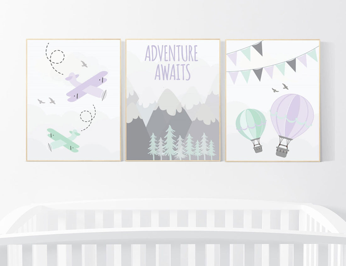 Nursery decor girl mountain, purple, adventure nursery, nursery decor travel theme, world map mountain nursery, purple mint grey, girl room