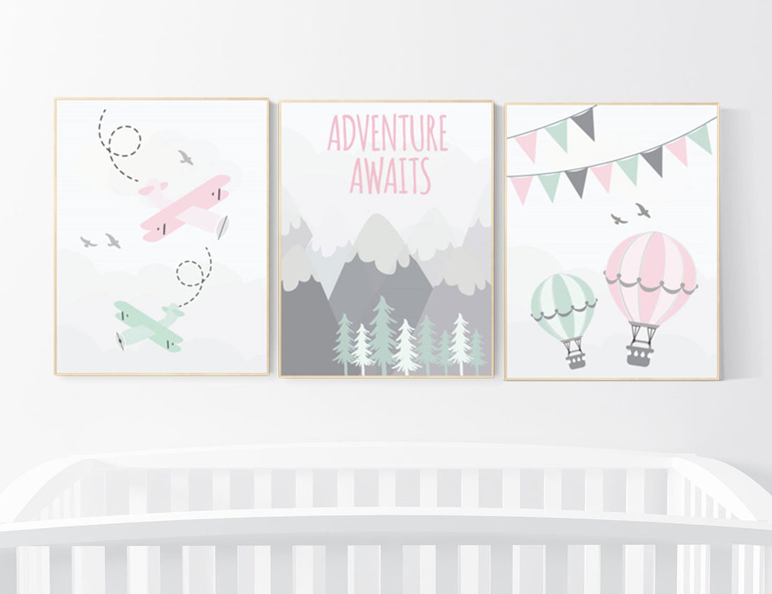 Nursery decor girl mountain, adventure nursery, nursery decor travel theme, world map mountain nursery, pink mint grey, girl room decor