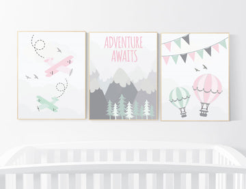 Nursery decor girl mountain, adventure nursery, nursery decor travel theme, world map mountain nursery, pink mint grey, girl room decor