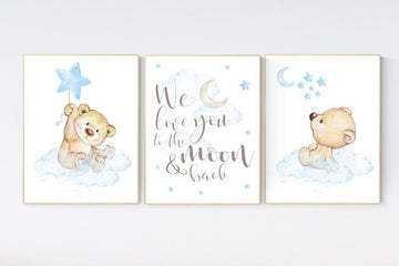 Nursery decor bear, teddy bear, blue nursery moon and stars, we love you to the moon and back, nursery wall art, baby blue, boys room decor