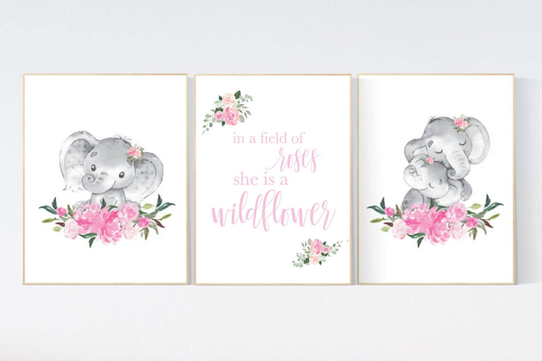 Nursery wall art elephant, nursery decor girl flower, nursery decor girl floral, Boho baby room, pink nursery decor, flower baby room