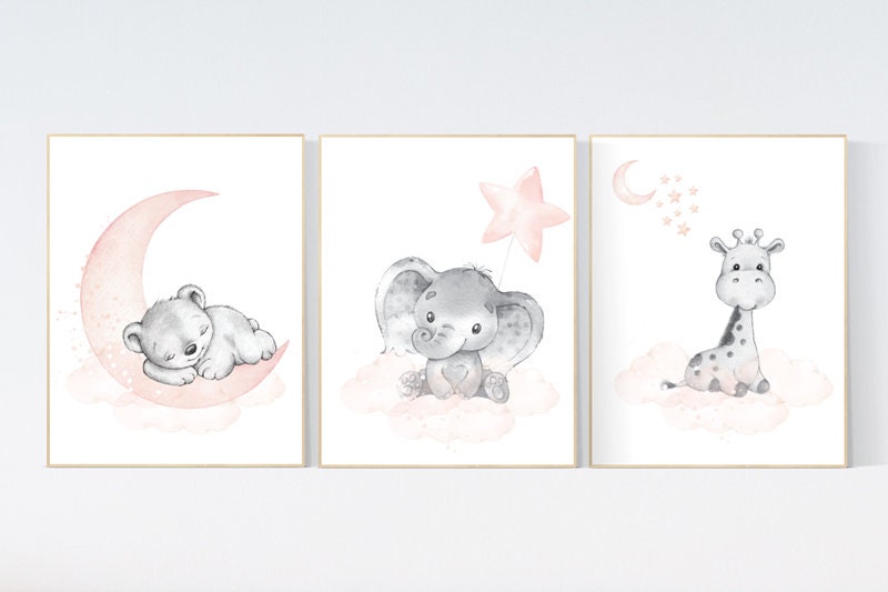 nursery decor girl blush gray, Animal nursery, nursery decor girl woodland animals, teddy bear, elephant, giraffe, baby girl nursery prints