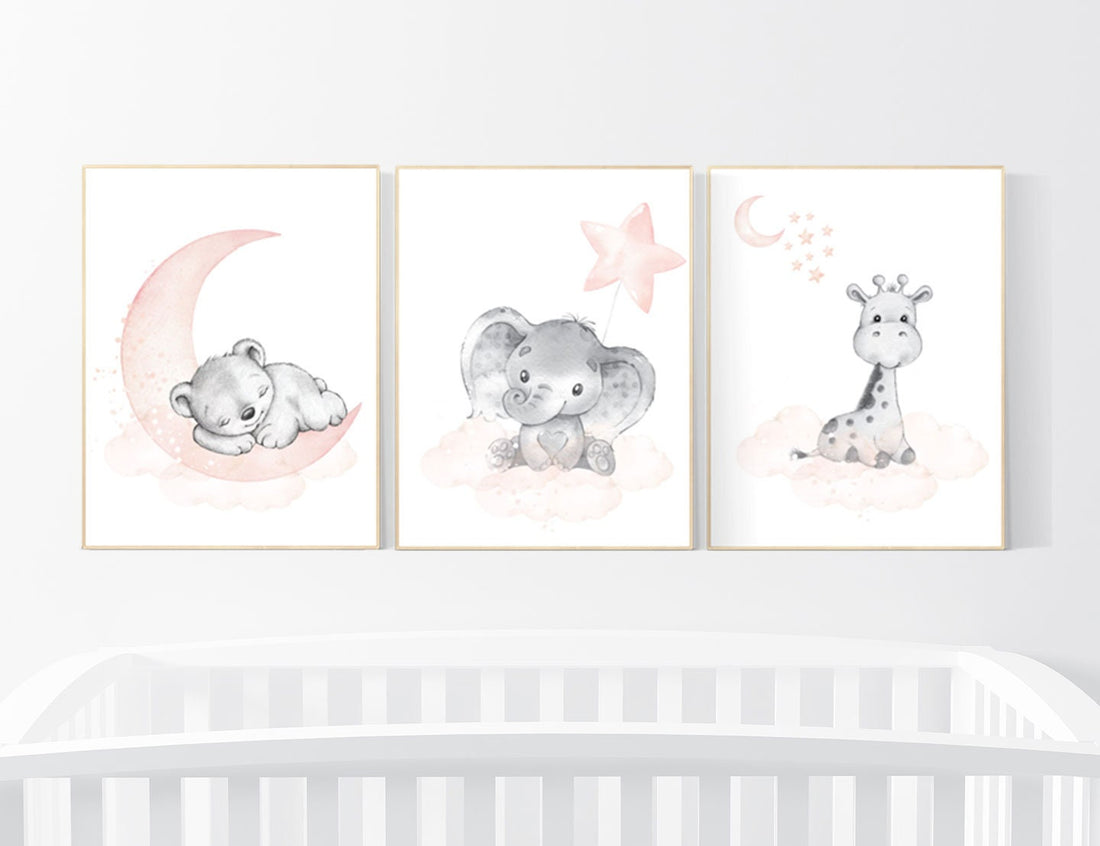 nursery decor girl blush gray, Animal nursery, nursery decor girl woodland animals, teddy bear, elephant, giraffe, baby girl nursery prints