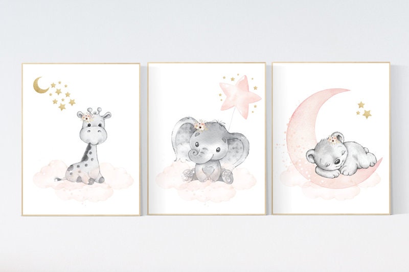 Nursery decor girl animals, blush gold, Animal nursery, nursery decor girl woodland animals, bear, elephant, giraffe, girl nursery ideas