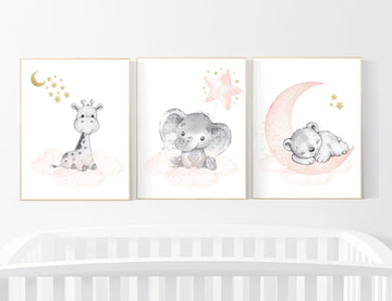 Nursery decor girl, blush gold, Animal nursery, nursery decor girl woodland animals, bear, elephant, giraffe, girl nursery ideas
