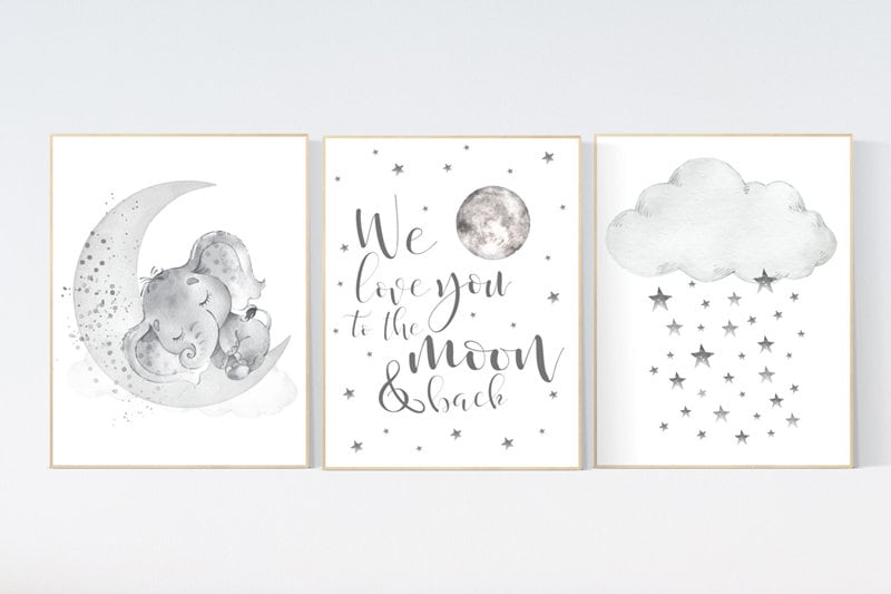 Nursery wall art grey, gray nursery, nursery decor neutral, elephant nursery, baby room decor gender neutral, moon and stars, nursery ideas