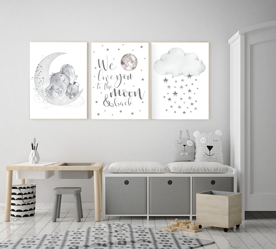 Nursery wall art grey, gray nursery, nursery decor neutral, elephant nursery, baby room decor gender neutral, moon and stars, nursery ideas